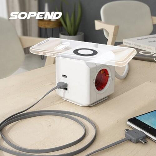 Sopend Power Strip Powercube with 2 USB Type-C Ports 15W Wireless Charger Station Outlets Eu Plug Desktop Socket 1.5m Extension