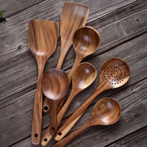 7 Species Rice Colander Soup Teak Natural Wood Tableware Spoon Ladle Turner Skimmer Cooking Spoon Kitchen Reusable Tool Kit