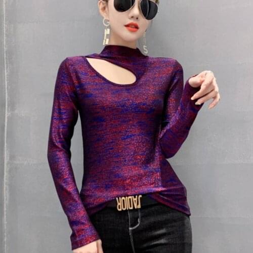 High neck hollow T-shirt 2021 spring ladies T-shirt bright silk top mesh fabric long-sleeved womens clothes Slim T-shirt viper