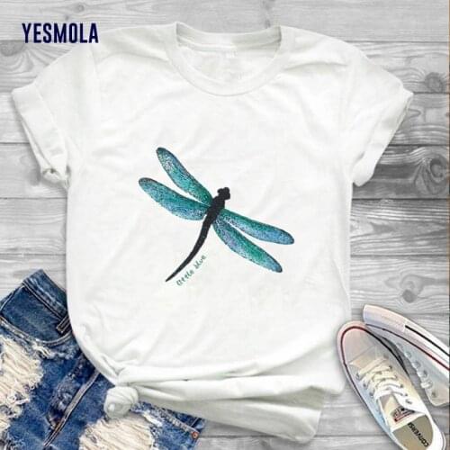 YESMOLA Women T-shirt Dragonfly Butterfly Print T Shirt Summer Women Shirts Fashion Tshirt Women O Neck Short Sleeve Tees