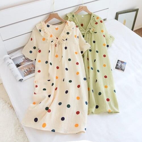 Summer Women Sleepskirt Pure Cotton Crepe Po Dots Skirt Ladies Short Sleeve Night Skirt Comfortable V-neck Loose Home Wear Skirt