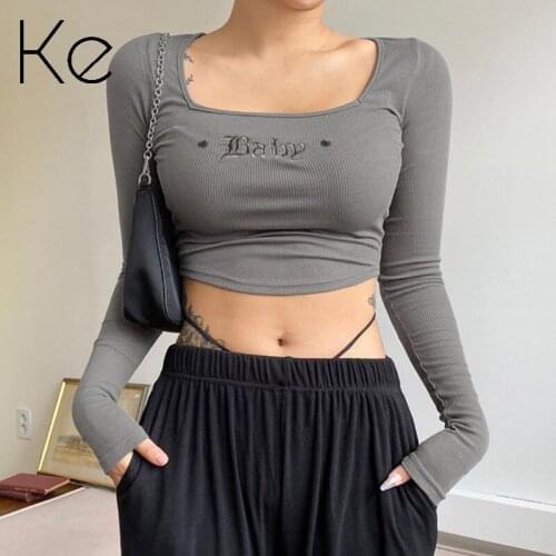 Ke 2021 new womens ins street style short letter embroidery square neck long sleeve T-shirt womens slim bottoming casual top
