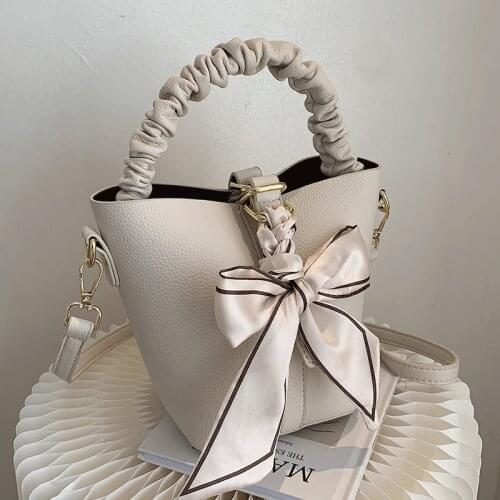 Women Leather Handbags Designer Female Vintage Bucket Bags Sac Lady Simple Crossbody Bags with Ribbon Women Shoulder Bag Casual