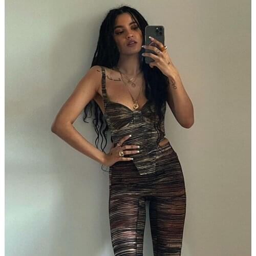 2 Pcs Womens Summer Trouser Suits Spaghetti Strap Sexy Printed V Neck Set Sleeveless Short Crop Top Skinny Long Pants Outsuit