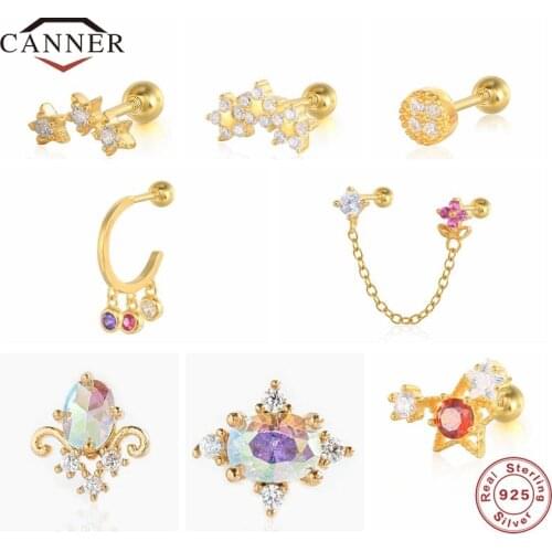CANNER Real 925 Sterling Silver Rainbow Diamond Zircon Stud Earrings for Women Small Piercing Earring Jewelry Pendientes Brincos