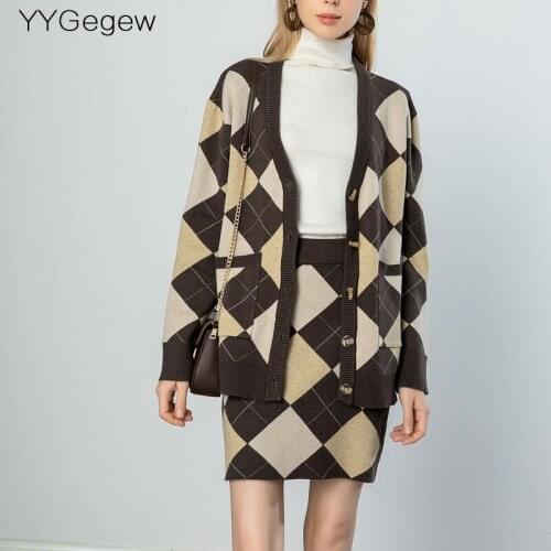 Plaid 2 Pieces Set Women Knitted plaid Sweater cardigans + mini skirt rhombus Sweater Set CHIC Knitted Oversize suit