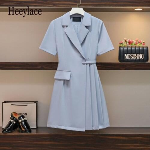 Plus Size 4XL Office Ladies Dresses Korean Summer Short Sleeve Notched V Neck High Waist A-line Solid Elegant Dresses Female
