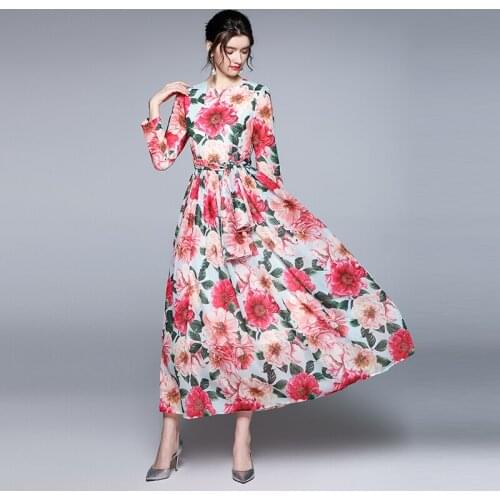 2021 Summer Long Sleeve Holiday Beach Dress Elegant Women O Neck Flower Print Chiffon High Waist Boho Maxi Dress With Silk Scarf