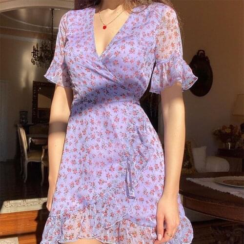 Bodycon Palace Mini Dress Women Gothic Streetwear Print Spring Purple Chiffon Ruffled Dress Sexy V-neck Floral Skirt Woman