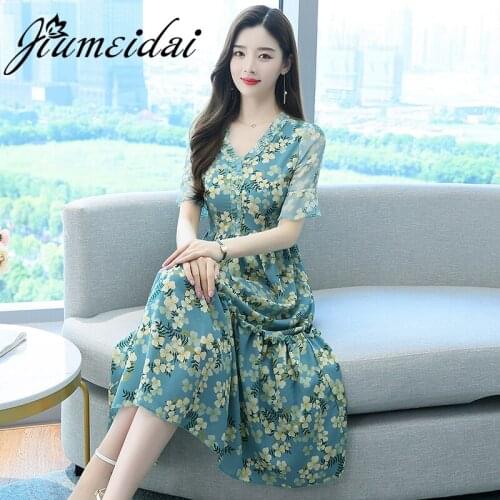 JiuMeiDai Women Summer Elegant A-Line Chiffon Dress Office Lady Party Print Robe Femme Vintage Designer V-Neck Clothing Vestidos
