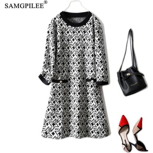 Autumn Knitted Casual Women Dresses 2021 New Commuter Geometric Pattern OL Style Three Quarter Sleeve Female Clothing 4XL
