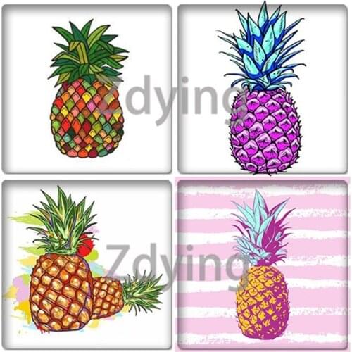 Zdying Watercolor Pineapple Flowers Leaves Square Shape Glass Cabochon Photo Demo Flat Back Jewelry Findings For Keychain Brooch