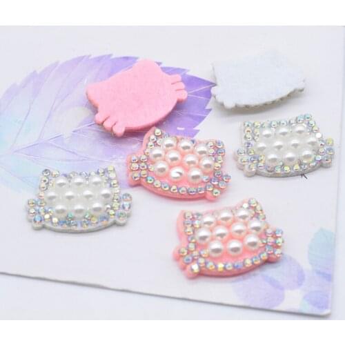 20Pcs Padded Rhinestone & Pearl Cat Head Applique for DIY Clothes Hat Shoes Headwear Hair Clips Decor Accessories Patches E13