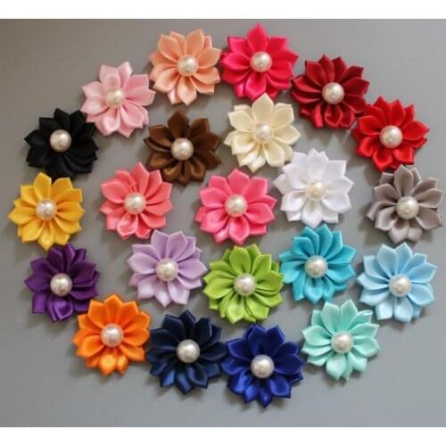 10pcs/lot Satin Ribbon Flowers with Pearl Center Mini Layer Flower for Garment Accessories DIY Sewing