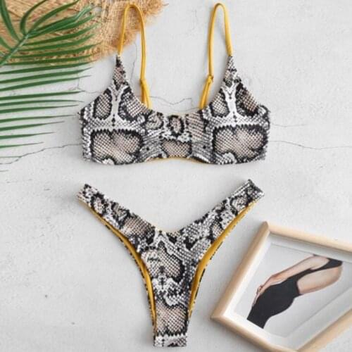 Snake bikini Women Snake Skin High Cut V Neck Two Pieces Bikini Swimwear Swimsuit Beachwear bathing suit maillot de bain femme