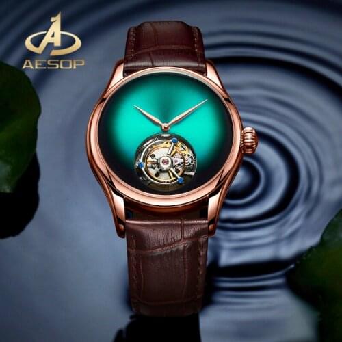 AESOP Green Dial Rose Gold Case AAA++ Real Tourbillon Mechanical Mens Watch Simple Waterproof Double-Sided Sapphire Glass Watch