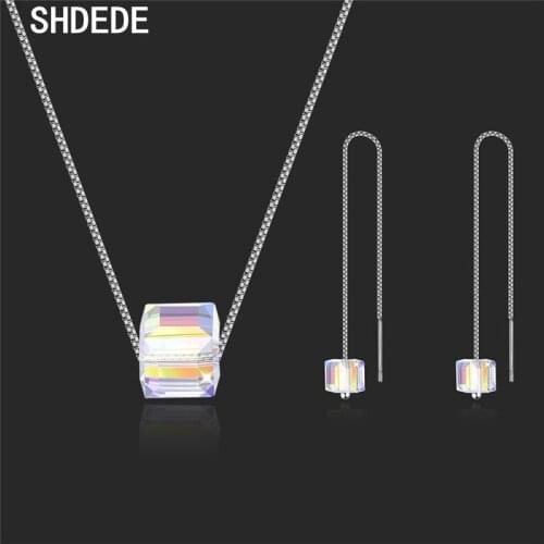 Cubic Square Crystal from Swarovski Wedding Jewelry Sets Pendants Necklace Long Earrings Women Party Accessories Gifts -28952