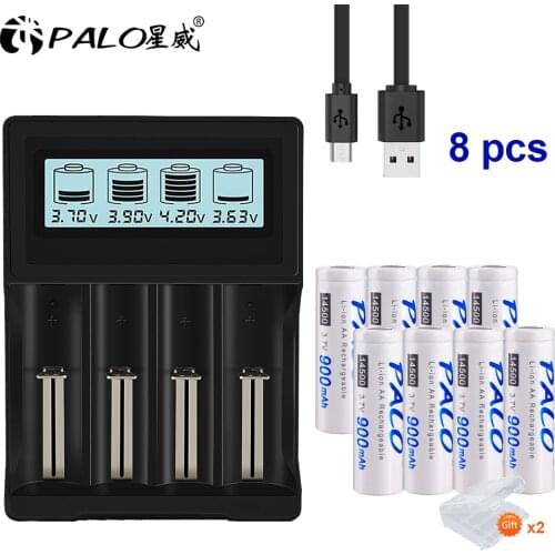 PALO 3.7V 14500 Lithium rechargeable battery 900mah Li ion rechargeable battery +LCD Smart Charger for 18650 14500 18500 26650