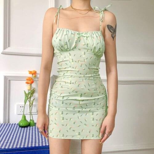 Missnight Sweet Cottagecore Summer Green Dress Bandage Chest Wrapping Ruched Slim Bodycon Dresses Women Party Club Streetwear