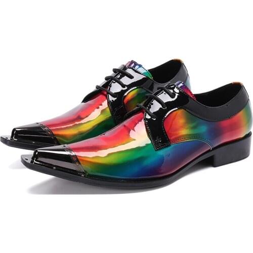 Fashion Colorful Patent Leather Man Party Oxfords Shoes Metal Pointed Toe Plus Size Mens Nightclub Brogue Shoes Zapatos De Homb