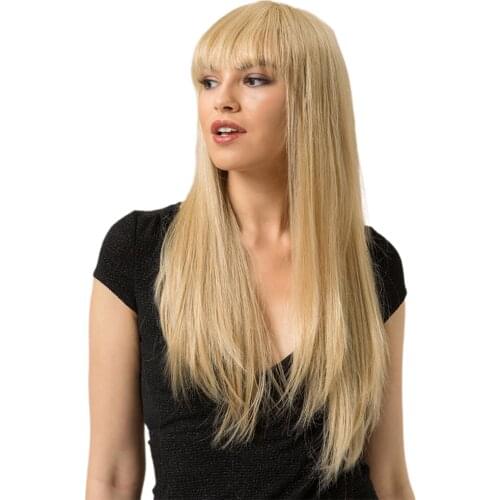 Charming Human Hair Wig Womens Long Straight Wigs with Neat Bang for Cosplay