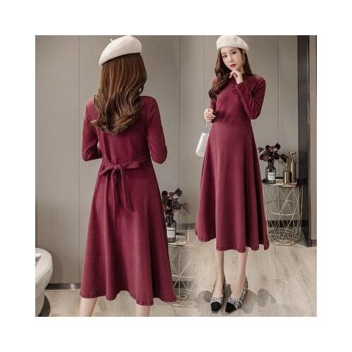 Pregnant autumn and winter clothing new high-necked female hot mom pregnant solid color cotton dress fashion babydoll dress