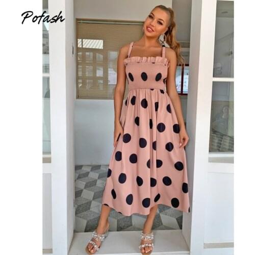 Pofash Polka Dot Ruffle Summer Dress Women Spaghetti Strap Backless Ruched Midi Dresses Feamle Sleeves Loose Casual Vestido 2021