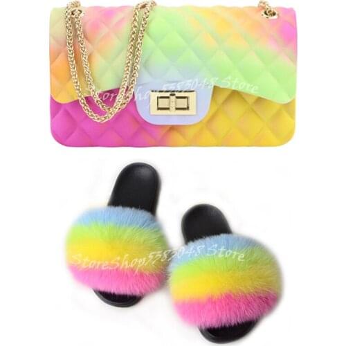 Women Colorful Fox Fur Slippers Fashion Fur Slides Mixed Color Jelly Bag Vogue Shoulder Bags Jelly Purse Ladies Handbag Bags Set
