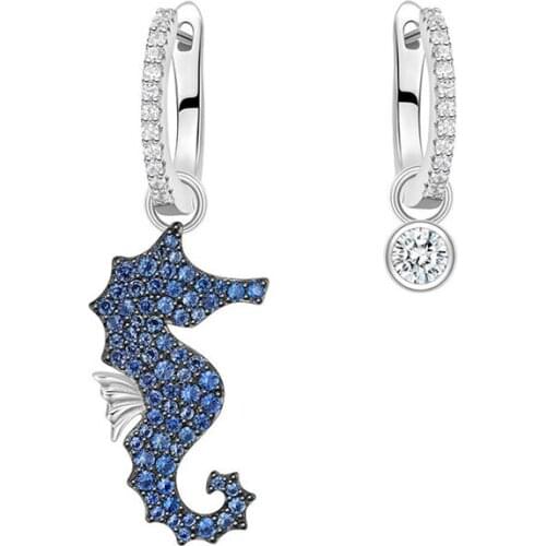 SOELLE New Real 925 Sterling Silver Asymmetric Blue Seahorse AB Earrings Micro Cubic Zirconia Stones Women Fashion Party Jewelry