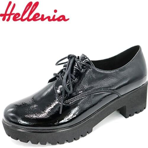 Hellenia dress shoes lady office fashion PU Leather Pump Black rounded Toe Shoes black Patent thick heel Autumn and Spring