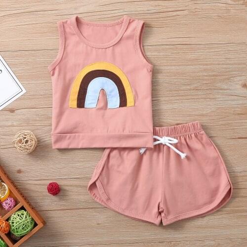 #VW Summer Casual Clothing For Toddler Baby Girls With Rainbow Print Vest Tops Solid Drawstring Shorts Outfits Set ropa niños
