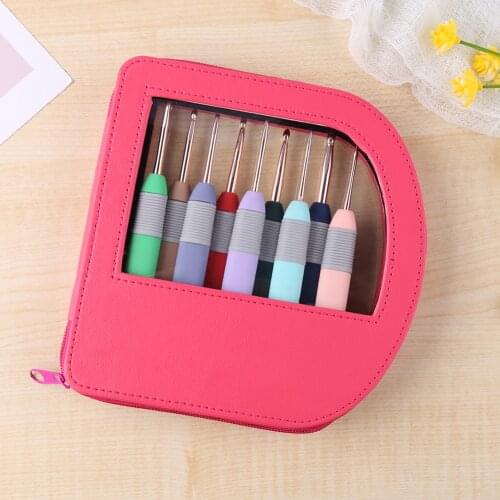 9pcs/set Soft Multicolor Plastic Handle Knitting Needle Aluminum Crochet Hook with Bag Yarn Sweater Weave Craft Tools
