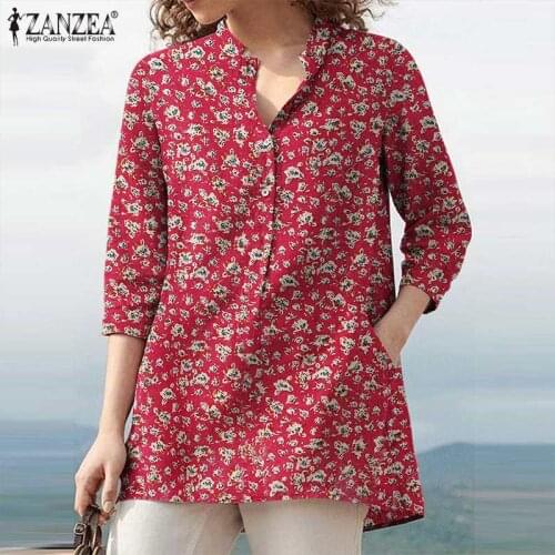 Fashion Bohemian Printed Blouse Women Casual 3/4 Sleeve Button Shirt ZANZEA Oversized Party Holiday Tops Female Floral Chemise