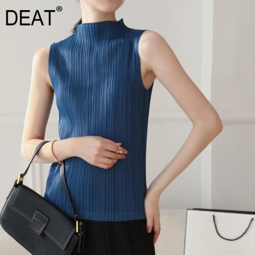 DEAT Pleated T Shirt Woman Solid Fit Elastic Simple Stand Collar Sleeveless Loose Wild Casual Style 2021 New Summer 15HT102