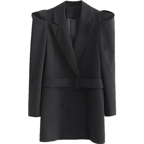 SeeBeautiful New Fashion 2020 Autumn Winter Notched Double Breasted Belt Long Puff Sleeve Loose Coat Single Suit Woman Q671