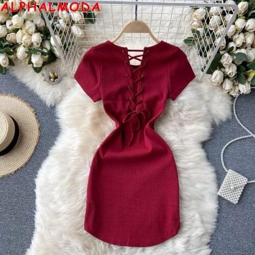 ALPHALMODA Solid Round Neck Backless Cross Lace Up Short Sleeve Dress Pullovers Short-sleeved Mini Dress Women Chic Pencil Dress