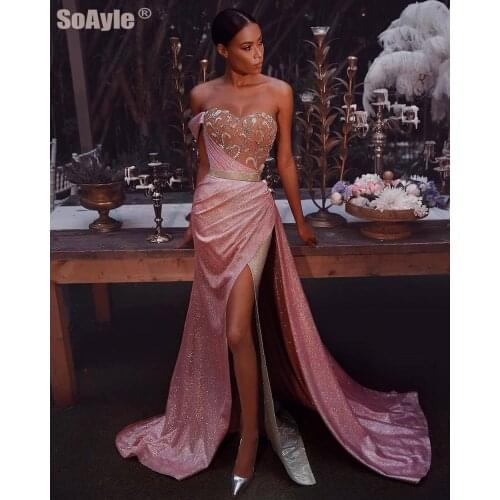 SoAyle African Evening Party Dresses Sexy Side Split Strapless Long Evening Dress 2020 Beading Mermaid Evening Dress for Women
