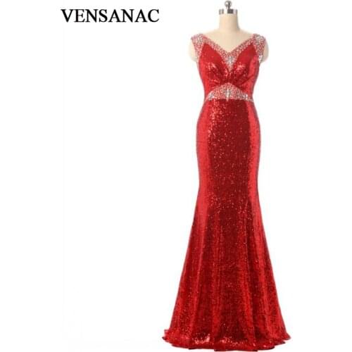 VENSANAC V Neck Sequin Long Mermaid Evening Dresses 2018 Eleagant Crystals Tank Backless Lace Party Prom Gowns