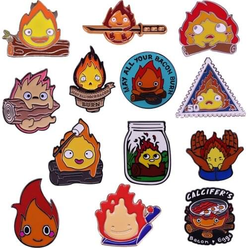 Howls Moving Castle Calcifer Pin Collectio Fire Demon Spirit Log Bacon Curse Badge Great Gift for Hayao Miyazaki & Ghibli Fans
