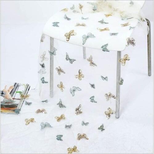 100CM*130CM Wide butterfly multicolor embroidery butterfly beads sequins chiffon mesh embroidery wedding dress fabric