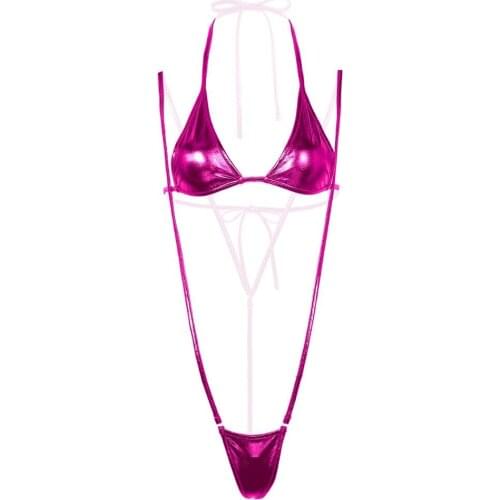 2Pcs Womens Erotic Shiny Metallic Mini Micro Bikini Lingerie Set Halter Neck Bra Top with Suspender G-String Briefs Underwear