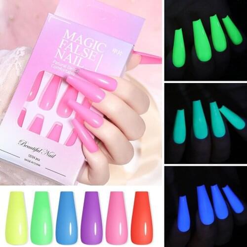 24pcs Luminous False Nail Patch Coffin Ballerina Acrylic Artificial Nails Detachable Women Lady Long Style False Nail Patches