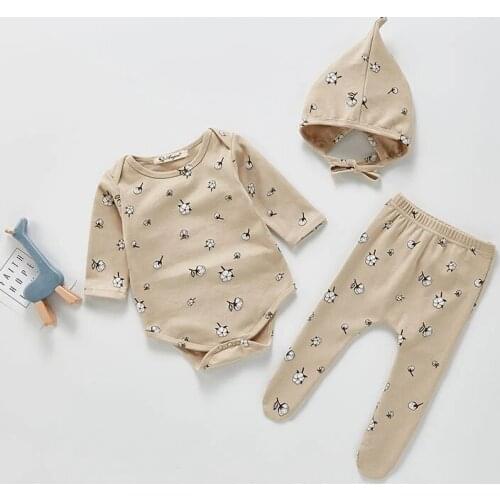 2021 Autumn Baby Set Cotton Bodysuit Pants And Hat 3Pcs Casual Infant Suit Print Toddler Clothes