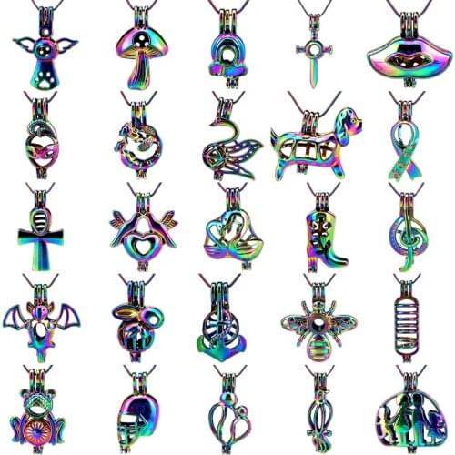 Rainbow Color Stainless 22'' Snake Chains Necklace Love Swan Bird Bat Cross Dog Beads Pearl Cage Locket Pendant Necklace
