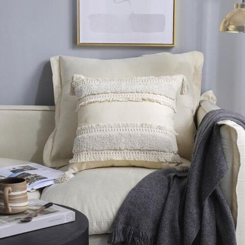 D08D Boho Woven Tufted Pillow Case Morocco Black White Plaid Tassel Cushion Cover