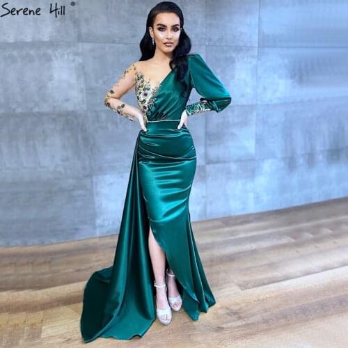 Dubai Green Satin Long Sleeves Evening Dresses 2020 Mermaid Beading Flowers Formal Dress Design Serene Hill LA70509