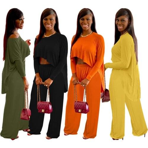 Elegant Solid Tracksuit Women Casual Streetwear Skew Neck long Sleeve Irregular Top Wide Leg Pants Loose Two Piece Set Matching