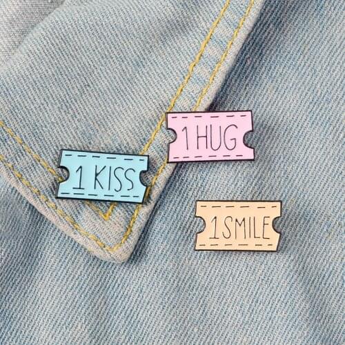 Tickets Enamel Pin 1 KISS 1 HUG 1 SMILE Coupon Badge Brooches Lapel Pins Denim Shirt Collar Romantic Love Jewelry Gift for Lover