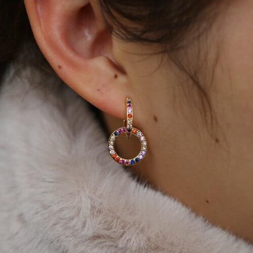 Mini small rainbow cz hoop with round circle charm geometric colorful 2019 spring colorful jewelry earring