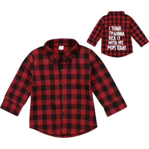 Red Plaid Fashion Toddler Kids Boy Girl Long Sleeve Back Letter Print Check Blusa T-shirt Tee Tops Clothes 2-7Y